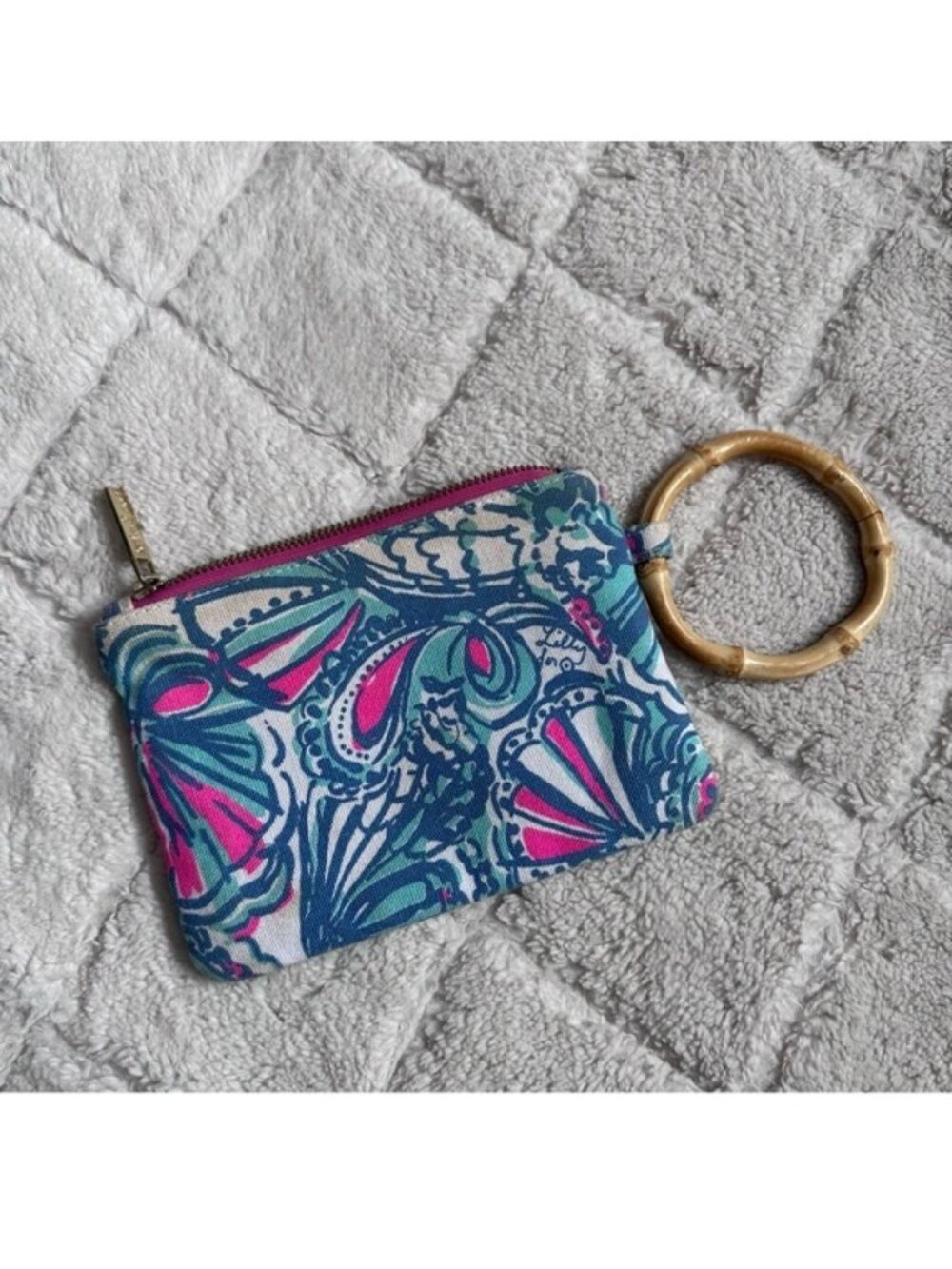 Lilly Pulitzer | "My Fans" Print Canvas Wristlet Bag Bamboo Handle Clutch